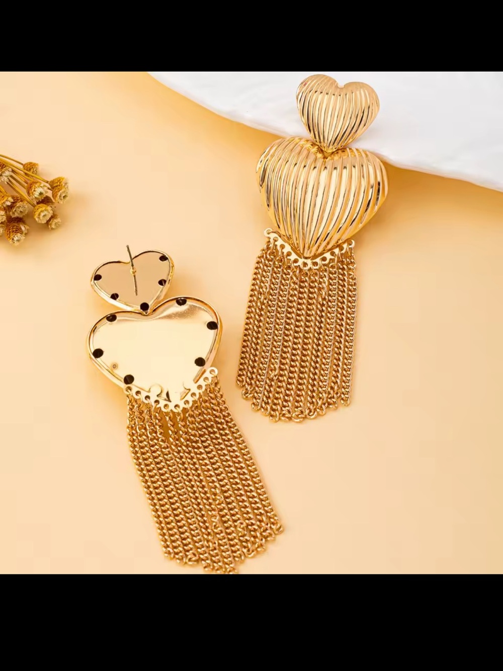 Gold Heart Tassel Drop Earrings - Picture 5 of 9